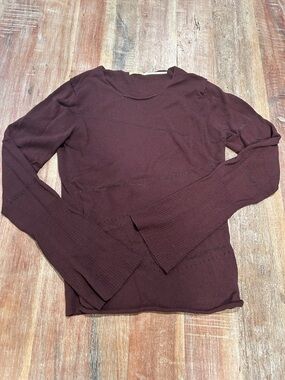 Max Studio VTG Y2K Burgundy Mesh-Striped Long Sleeve Knit Crewneck